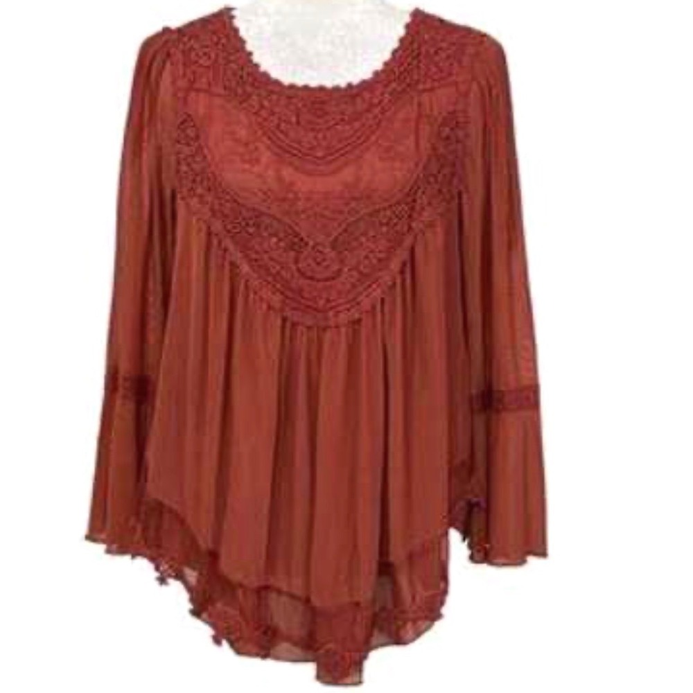 Ultra Pink Charlotte Top Rust Lace Yoke Bell Sleeve Blouse Medium